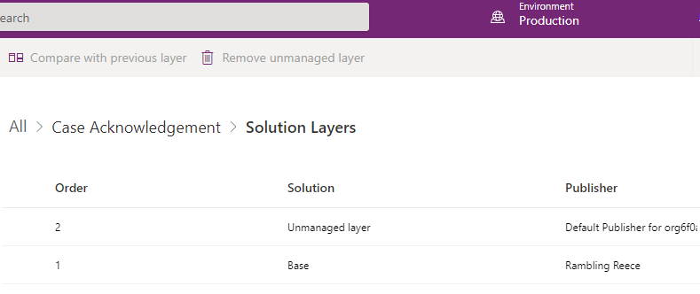 Showing the unmanaged layer on top of managed in Production